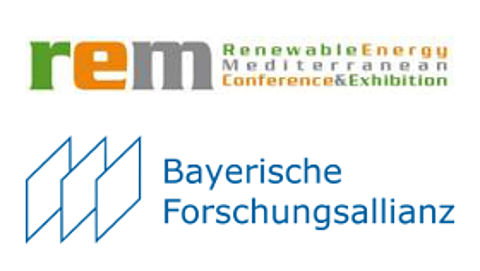 Logos der Veranstaltung Renewable Energy Mediterranean Conference & Exhibition und der Bayerischen Forschungsallianz