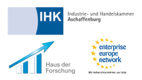 Logo Industrie- und Handelskammer Aschaffenburg, Logo Haus der Forschung und Logo enterprise europe network