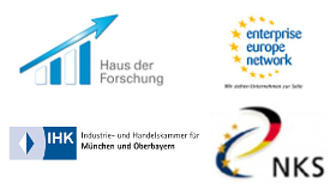 Logos des Bayerischen Hauses der Forschung, enterprise europe network, der Industrie- und Handelskammer München und der Nationalen Kontaktstelle