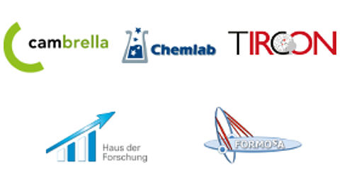 Logo der europäische Forschungsprojekte Cambrella, Chemlab, Tircon, Haus der Forschung und bayerischer Forschungsverbund formosa